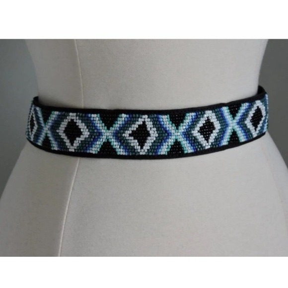 WHITE HOUSE BLACK MARKET Blue Black Green Glass Beaded Tie Belt M/L - Picture 6 of 7